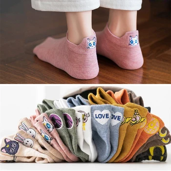 10Pairs/มาการ์ตูนปัก Embroidery ผู้หญิงค็อตตอนถุงเท้าจัดที่มีสีสรรอะนิเมชั่นพระจันทร์ย่อถุงเท้าส้นสาวสีชมพูมีความสุข Kawaii ถุงเท้า