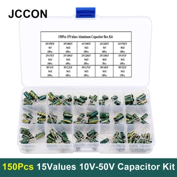 150Pcs/กล่อง JCCON อลูมินั่ม Electrolytic Capacitor คิท 15Values 10-50V นั่นไงมันลวดลาย assortedstencils คิทซ่อมแซม DIY สูงความถี่ต่ำ ESR