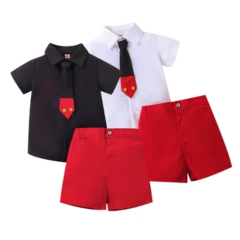 2 ชิ้นส่วนเด็กชุดตั้งหน้าร้อนความเปรียบต่างของสี Lapel สั้นที่แขนเสื้อเชิ้ตกับเน็คไท+กางเกงขาสั้นสำหรับพวก 1-8 ปี