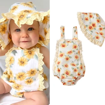2023-04-12 Lioraitiin 0-24M องทารกเด็กผู้หญิง 2Pcs หน้าร้อน Sling Romper Sleeveless ลูกไม้เล็มสอนจัดดอกไม้เด็กๆเขา Playsuit กับหมวก