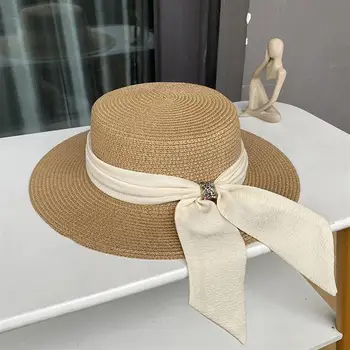 2023 ใหม่อาทิตย์@label:listbox kde distribution method หมวกผู้หญิงคนฝาด้านบน/ด้านล่างแบบกว้าง Brim มวกฟางใบหน้าร้อนชายหาดสบายๆผิวขาวโบว์หมวกปานามายสำหรับผู้หญิง