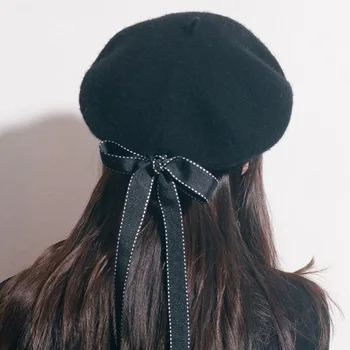 2023 ใหม่แฟชั่นผู้หญิงอ่อนโยนโบว์ที่สง่างามหน่ะหมวกบาเรท์ฤดูหนาวอบอุ่นหมวก Harajuku นขนสัตว์อย่าง Beret หมวกกับ Bowknot