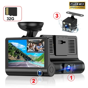 3 ช่องรถ DVR Dashcam 1080P แดชบกล้องสำหรับรถ 3-เลนส์ของกล้องสำหรับรถทางของกล้อง DVRs บันทึกเสียงวิดีโอ Registrator สำหรับรถ