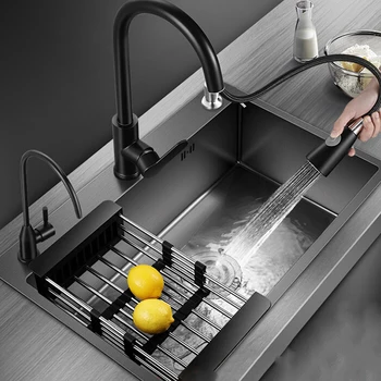 304 Stainless เหล็กห้องครัวจมลงสีดำ Nanoname องครัวจม Thicken มือทำ Vegatable Basin กับ Faucet ท่อระบายน้ำเครื่องประดับ