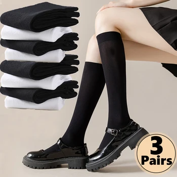 3Pairs หญิงคนถุงเท้าสีดำสีขาวผ้ากำมะหยี่หรือเปล่าน่ะอือแน่น JK ผู้หญิงนานมากถุงเท้าของแข็งอ่อนเปิด Lolita Kawaii เข่าสูงถุงเท้า Cosplay ถุงน่อง
