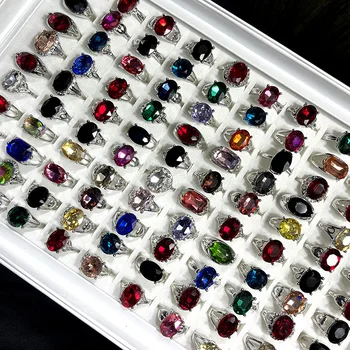 50pcs/ลายโรงงาน Wholesale Alloy นิ้วแหวนสำหรับผู้หญิงเครื่องประดับ Multicolored Gemstone ที่มีสีสรรคริสตัล Zirconia แหวนเยอะ