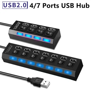 7 ท่าเรือพอร์ต USB ฮับนำพอร์ต USB 2.0 บนอะแดปเตอร์ฮับความเร็วสูงหลาย-พอร์ตพลังงานจากซ็อกเกตบน/ปุ่มปิดชาร์จพอร์ตองตัวแบ่สำหรับพิวเตอร์แล็ปท็อป