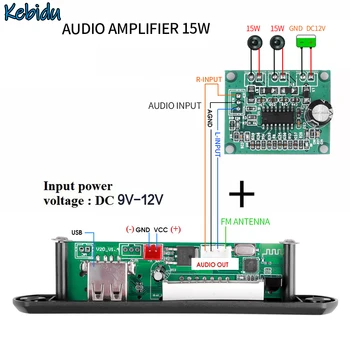 9V-12V เครือข่ายไร้สาย Bluetooth5.0 ตัวถอดรหัส MP3 บอร์ดพอร์ต USB TF วิทยุ FM ศูนย์ควบคุม kde ในโมดูล 2x15W เครื่องขยายเสียงของสีหน้าจองรถเล่น MP3 ด้ว Controler