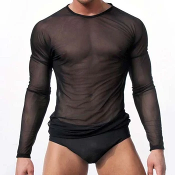 AIIOU Mens Undershirt เซ็กซี่เกย์เสื้อผ้าสายไนลอนโครงร่างความโปร่งแสงแด่ใส่เสื้อนานเสื้อลา Homme เสื้อเชิ้ตกางเกงใน Clubwear