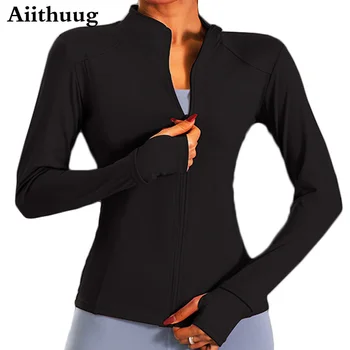 Aiithuug ผู้หญิงนานเสื้อกีฬาวิ่งเสื้อ Breathable ยิมออกกำลังด้านบนของผู้หญิงเล่นโยคะในช่วงใส่เสื้อนอกครับซิปกับนิ้วมือเป็นรู
