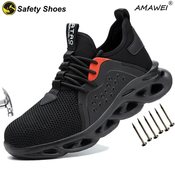 AMAWEI ทำงานรองเท้าสนีคเกอร์เหล็กนิ้วเท้ารองเท้าผู้ชายผู้หญิงความปลอดภัยรองเท้า Puncture-หลักฐานงานรองเท้ารองเท้าบูทกทำลายไม่ได้ Footwear รปภ.