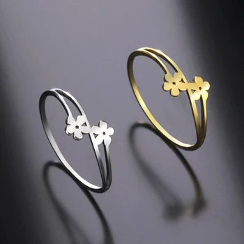 Amaxer Stainless เหล็กเล็กสองดอกไม้แหวนสำหรับผู้หญิงคนรัก Bohemian นิ้วแหวนแฟชั่นวันครบรอบแต่งงานเครื่องประดับของขวัญ