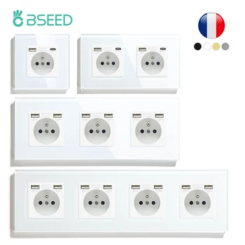 BSEED เดียวฝรั่งเศสกำแพงซ็อกเก็ตสองเท่าพลังซ็อกเก็ตขอทริปเปิ้ลไฟฟ้าซ็อกเกตกับประเภท-c ดับเบิ้ลแบบ USB Charing ท่าเรือแก้วเฟรม
