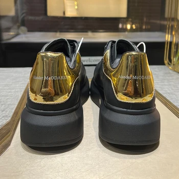 Crafted ใหญ่โตสุดสุดคน Sneaker Calf เครื่องหนังสีดำรองเท้าสนีคเกอร์กับทองหลังเคาน์เตอร์เพื่อปกติกับรองเท้าขนาดใหญ่แบลูกไม้ขนาด 35-45