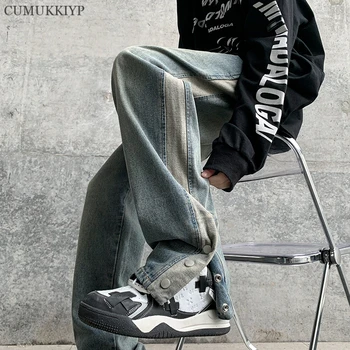CUMUKKIYP อเมริกัน Streetwear Splice ปุ่มแยกออกกางเกงยีนส์สำหรับคนฤดูใบไม้ผลิฤดูร้อนสบายๆหลุดวินเทจตรง Denim กางเกง