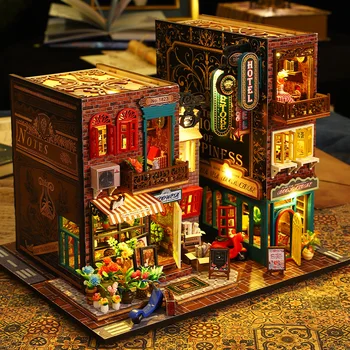 Diy ไม้ Scarbrough โรงแรมหนังสือ Nook Miniatures ชั้นแทรกตุ๊กตากบ้านตึก Kits Bookshelf ของเล่นสำหรับผู้ใหญ่ของขวัญวันเกิด