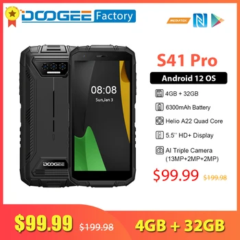 DOOGEE S41 มืออาชีพ 4GB 32GB Rugged\n smartphone 6300mAh 5.5 นิ้ว IPS ล้องที่มีความคมชัดสูงนะหน้าจอ 13MP AI ทริปเปิ้ลกล้อง Android 12 NFC 4G โทรศัพท์มือถือ
