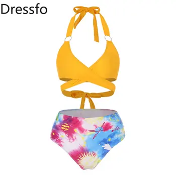 Dressfo สูง Waisted กาแล็กซี่ดาวดวงอาทิตย์ห่มเซ็กซี่โดยเฉพาะบนใบหน้าขอ Swimwear Swimsuits Tankini ตั้งค่าชายหาดใส่สองชิ้นส่วนชุดว่ายน้ำชุดผู้หญิง 2023