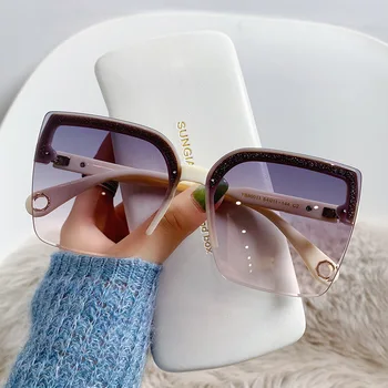 FNCXGE ผู้หญิงใหญ่โตสุดสุดแว่นตากันแดดเพื่อแฟชั่น Rimless สองอาทิตย์แว่นวินเทจ Eyewear วามหรูหราแบรนด์ออกแบบ UV400 หญิงม่านบังแดด