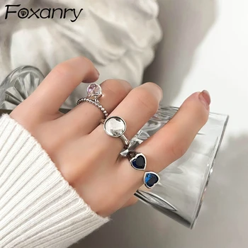 FOXANRY ตราประทับรักแหวนหมั้นเสน่ห์หญิงผู้หญิงเกิดขึ้นแฟชั่นวินเทจมีความหมากเลงสีน้ำเงิน Zircons ร์ตี้วันเกิดเครื่องประดับของขวัญ