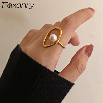 Foxanry ทองสีของอ่าวเพิร์ลโดนแหวนสำหรับผู้หญิงคนใหม่แฟชั่นแบบง่ายๆองฝรั่งเศสทอง Plated ในห้องค่าเรขาคณิตของลวดลายแห่งเหล่าอัศวินราชินีและอสรเจ้าสาวเครื่องเพชร