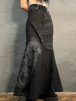HOUZHOU กอธิคนางเงือกระโปรงนานผู้หญิงเหล้าองุ่นชนิดของจีนมังกรการพิมพ์สูงเอวลูกไม้ขึ้นเพียงน้อย Goth ดำแม็กซี่กระโปรง Streetwear