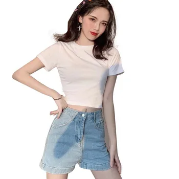 J17122021 หน้าร้อนใหม่ภาษาเกาหลีสั้นเลือดตกเสื้อข่ายนอกแดงน้อย slimming แข็งของสีของสั้น-sleeved เสื้อผู้หญิง