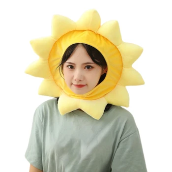 Kawaii อันสีเหลือง Sunflower นุ่มน่าหมวกตลกยัดกของเล่น Headgear อบอุ่น Beanie Earflap หมวก Cosplay งานปาร์ตี้บพวกอุปกรณ์ประกอบ