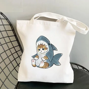 Kawaii แมวฉลามซื้อกระเป๋า Bolsa Compra Plegable Jute กระเป๋า Bolsa นผู้ช่วยช๊อป Bolso ซื้อของกระเป๋ากระเป๋า Tote Reusable อข่ายนอก Ecobag
