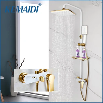 KEMAIDI ห้องน้ำห้องน้ำตั้งค่า W/ชั้นกำแพงเมานท์อาบน้ำร้อนของระบบ&เย็นตัวผสมเสียงทองคำขาวฝอ่างอาบน้ำอาบน้ำ Faucet ตั้งค่า