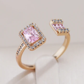 Kinel ร้อนตารางสีชมพูธรรมชาติ Zircon เปิดแหวนสำหรับผู้หญิงหรูหรา 585 กกุหลาบสีทองเจ้าสาวงานแต่งงานปาร์ตี้วันเครื่องเพชร