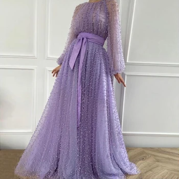 Lilac งานพรอมชุดพลอย Neckline ภาพลวงตามานานพอเสื้อหรูหรางงานพรอมชุดที่อยู่ในบรรทัด Sash ธนู Pleated ไข่มุกที่รักงานปาร์ตี้ชุด