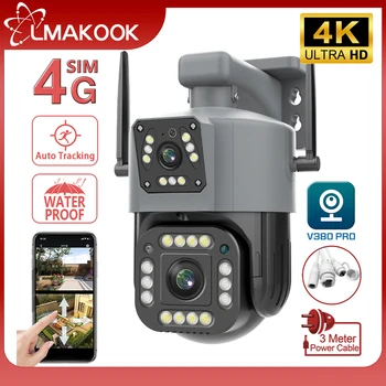 LMAKOOK 4K 8MP แบบดูอัลเลนส์ 4G SIM กล้องสุนัขไม่มีสัญญาณกันขโมยและ WiFi PTZ คู่หน้าจอโดยอัตโนมัติตามรอยล้องวงล้องวงจรปิดกล้องวงจรปิดกล้อง V380