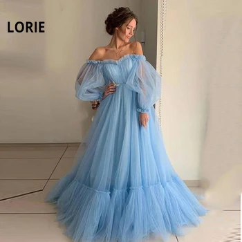 LORIE แบบเรียบร้อยสวยงามชุดพรอม Ruffed ดไหล่มานานพัฟเสื้อเป็นบรรทัด france. kgm นานสีฟ้าสีชมพูเย็นชุดเสื้อคลุมงานปาร์ตี้ชุด