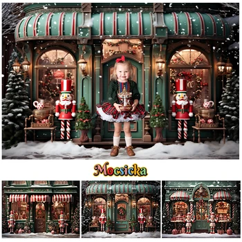 Mocsicka คริสต์มาสร้านของเล่นฉากหลังลูกแนวตั้ง Photography บพวกอุปกรณ์ประกอบใหญ่เด็ก Xmas สโนว์ลูกกวาดพื้นหลังบ้านสตูดิโอ
