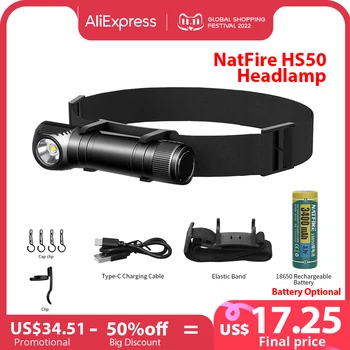 NATFIRE Headlamp HS50 Name พอร์ต USB C Headlight 18650 แสงสว่างนำคบเพลิง 1000lm ไฟฉายกับแม่เหล็กหางทำงานแคมป์ไฟ