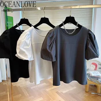 OCEANLOVE ทีเสื้อสำหรับผู้หญิงพัฟที่แขนหน้าร้อนวินเทจเจ๋ Ropa เดอ Mujer เกาหลีแฟชั่นพื้นฐานของแข็ง Camisetas อย่าง