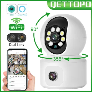 Qettopo 4K 8MP แบบดูอัลเลนส์ WIFI PTZ กล้องคู่หน้าจอที่รักจอ AI องมนุษย์โดยอัตโนมัติติดตาม Indoor งานระบบความปลอดภัล้องวงจรปิด iCsee อเล็กซ่า