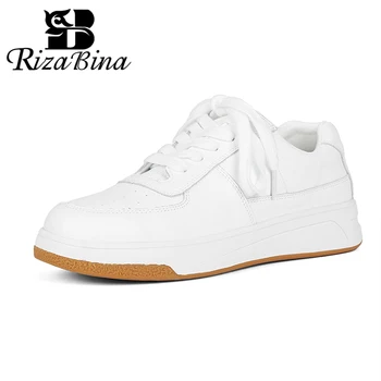 RIZABINA 2023 เกิดขึ้นผู้หญิงรองเท้าสนีคเกอร์จริงของเครื่องหนังแฟชั่นบนรองเท้าส้นเตี้ยรองเท้าผู้หญิงข้ามมัดฉันจะไม่ชวนเธอไปเที่ยวันฤดูใบไม้ผลิหญิง Footwear ขนาด 35-40