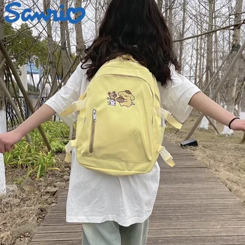 Sanrio Pom Pom Purin เป้สะพายน่ารักความจุสูง Schoolbag อันสีเหลืองของผู้หญิงสองไหล่กระเป๋า Y2k ระเป๋าเดินทางนักเรียน