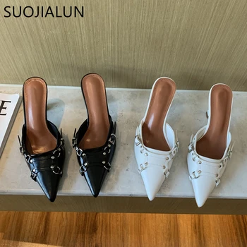 SUOJIALUN 2023 ฤดูใบไม้ผลินใหม่ยี่ห้อโปรดรองเท้าผู้หญิงแฟชั่นบางสูบส้นรองเท้าชี้นิ้วเท้าผู้หญิง Sandal รองเท้าสุนัขไม่มีสัญญาณกันขโมยและชุด Mules รองเท้า