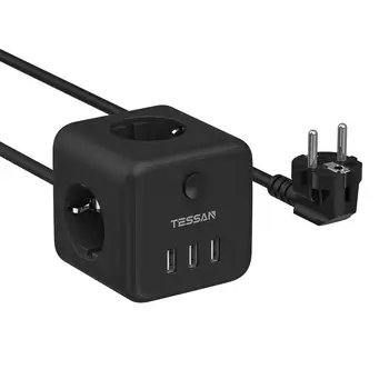 TESSAN สีดำทรงลูกบาศก์พอร์ต USB จากซ็อกเกตพลังถอดเสื้อผ้ากับเปลี่ยน,3-ทาง Outlets(2500W/10A)และ 3 ท่าเรือพอร์ต USB,1.5 M สายเคเบิลสำหรับกลับบ้านออฟฟิศ