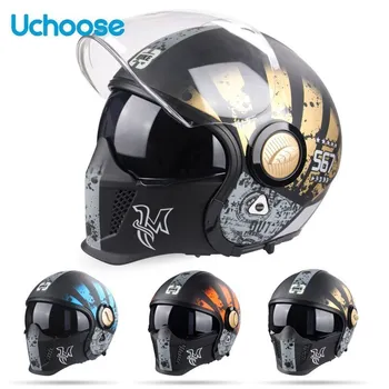 Uchoose ดำนักรบรรวมเข้าด้วยกันหมวกกันน็อกเต็มไปด้วหน้าครึ่งหนึ่งหมวกกันน็อมอเตอร์ไซด์หมวกกันน็อนเรโทร Moto เอนกประสงค์ได้เยี่ Helmets สำหรับมอเตอร์ไซค์