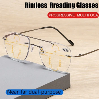 Ultra-แสงสว่าง Rimless หลายตั้งใจอ่านแว่นก้าวใหญ่ใส่ร้าเกือบเกินแบบดูอัล-เพื่อต่อต้านสีฟ้าแสงสว่าง Hyperopia Eyewear