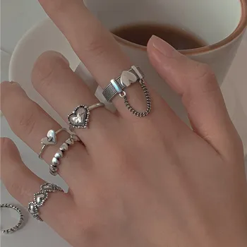 VAGZEB แฟชั่นวินเทจมีความหัวใจแหวนตั้งรักโซ่ Kpop พังก์แหวนสำหรับคู่รักผู้ชายผู้หญิงสาวงานปาร์ตี้ของขวัญงานแต่งงานวงแหวน