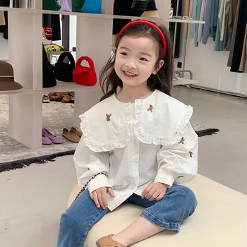 กวาง jonmi ใหม่ 2022 ฤดูใบไม้ผลิเด็กผู้หญิงการ์ตูนปัก Embroidery เสื้อ Ruffles ปท็อปส์ซูเกาหลีรูปแบบ Toddlers เด็ก Blouses