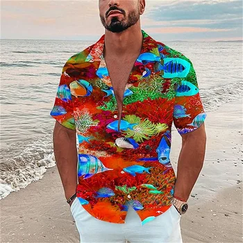 คนเป็นมหาสมุทรส่วนประกอบ Breathable ใส่เสื้อคนออกปลาฮาวายพิมพ์เสื้อชายหาดสบายๆเสื้อแฟชั่นผู้ชายเตี้ยที่แขนเสื้อ