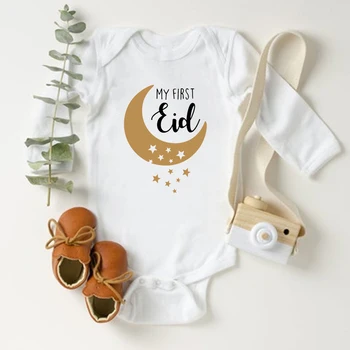 คนแรกของฉั Eid พิมพ์ลูก Bodysuits ค็อตตอนนานมาที่แขนเด็กผู้หญิง Rompers ตลกดีกลายเป็นทารกตำรวจให้หน่วยที่ 1 ระงับ Eid ลูกองเดือนรอมะฎอนชุด