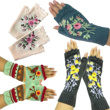 คนใหม่คุณภาพ Handmade Knitted ผู้หญิงเป็นฤดูหนาวถุงมือฤดูใบไม้ร่วงดอกไม้ Fingerless ถุงมือสีดำมิทเท็นอบอุ่น Woolen Embroidery ถุงมือ