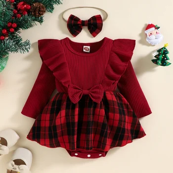 คุ&ลูก 0-24M ผู้หญิงคริสต์มาสสีแดง Romper Newborn องทารกเด็ก Knit Ruffle นานข้อมือธนูชุดหมี Plaid พิมพ์ Xmas ชุด D01